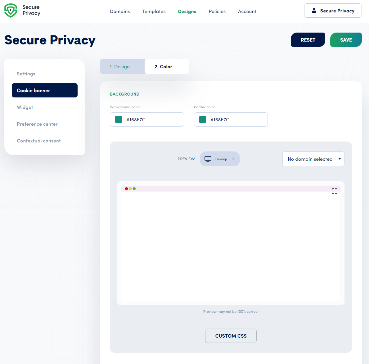 Secure Privacy Designs tab showing the list of available designs with options to select and edit each design