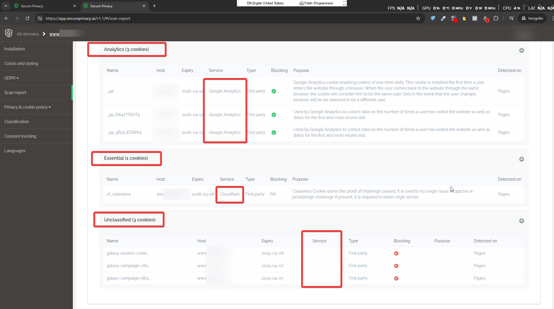 Secure Privacy Scan Report cookie list showing detected cookies with blocking status and classification