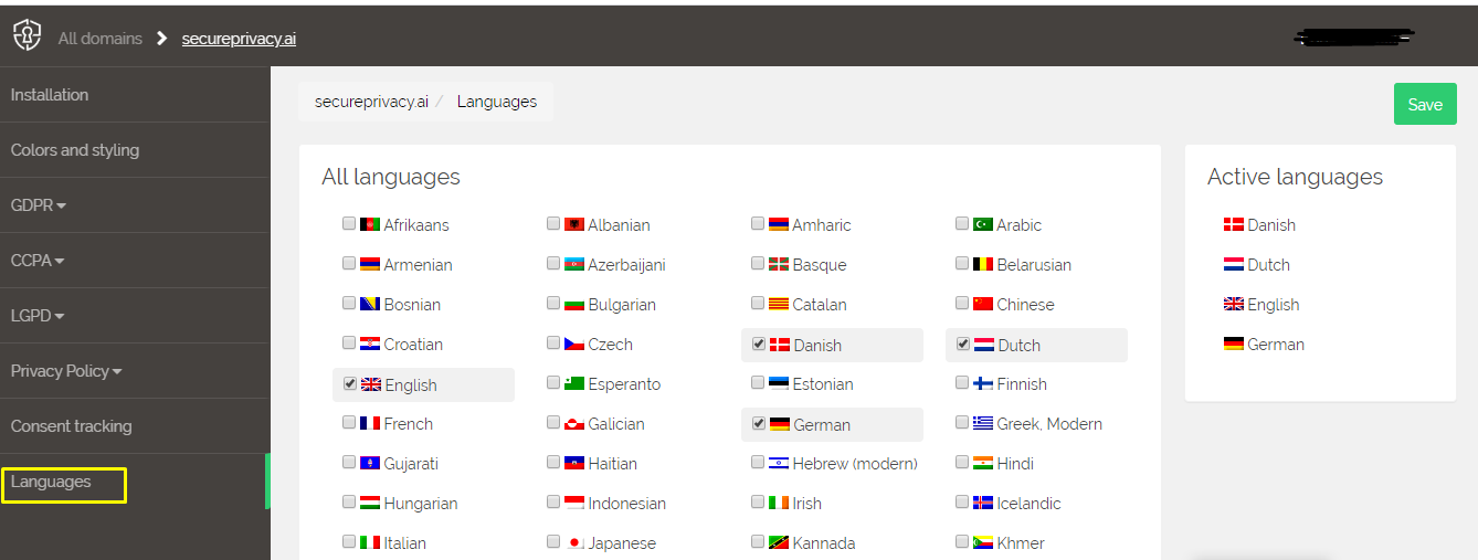 Secure Privacy Language tab showing the full list of available languages to select and enable for a domain