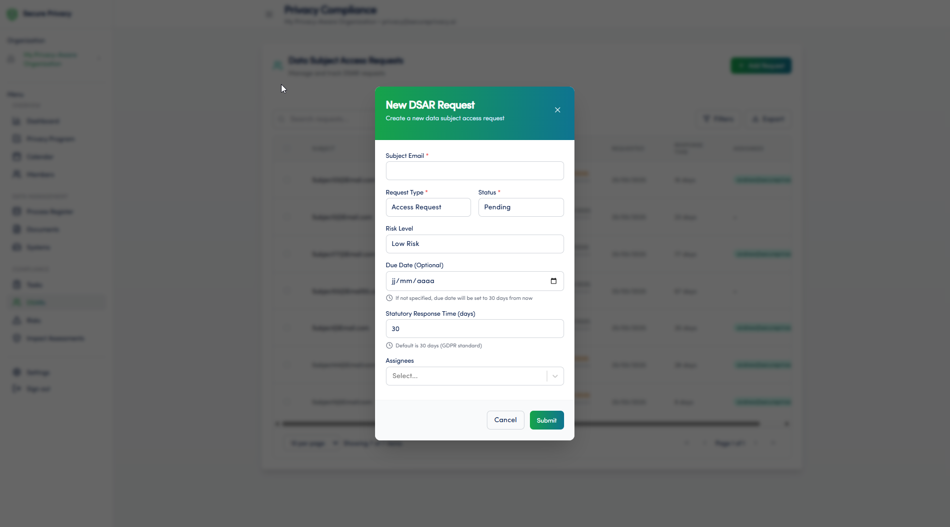 Secure Privacy DSAR module request detail view showing progress tracking, assigned team member, deadline countdown, and action log