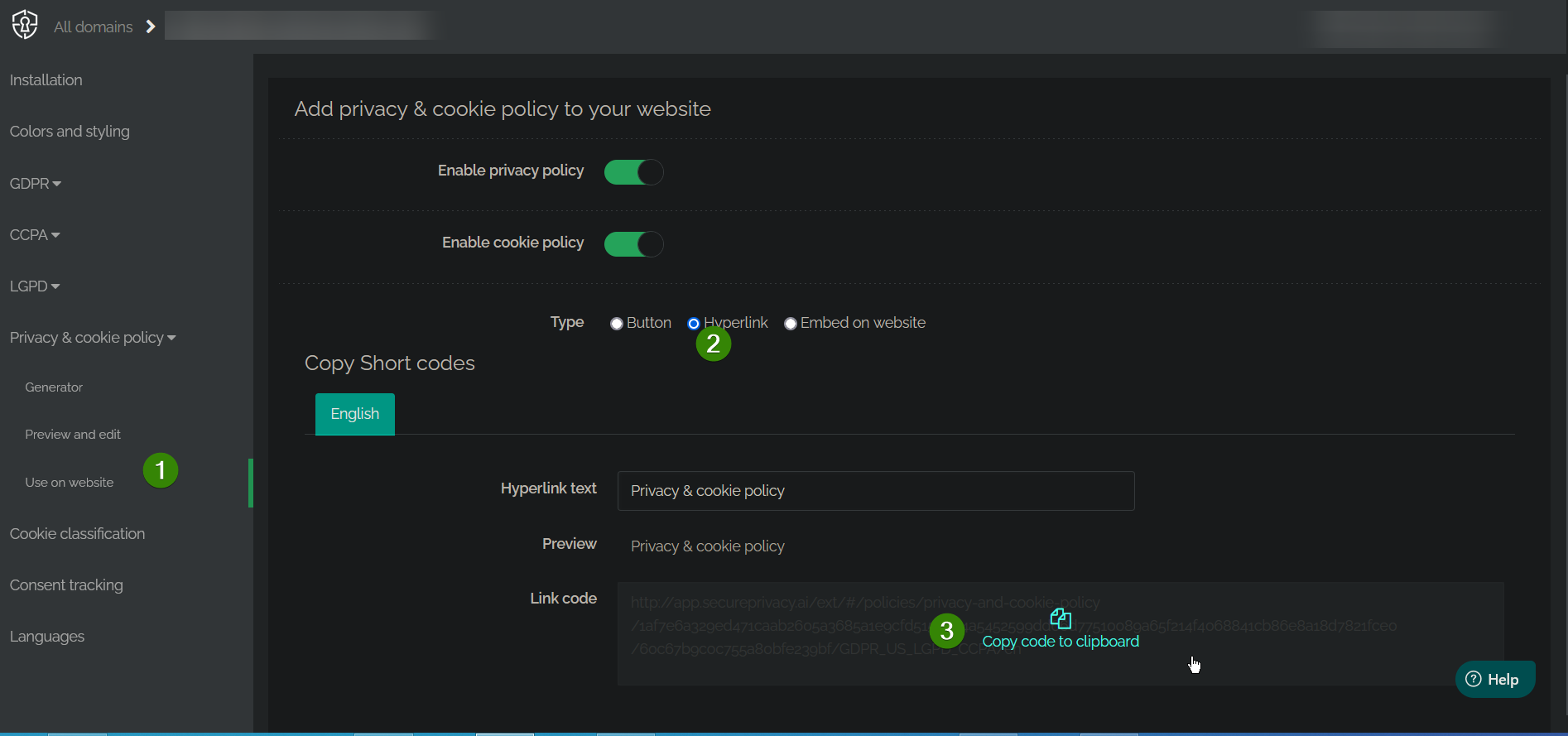 Secure Privacy Privacy and Cookie Policy Use on Website section showing Hyperlink embed type selected with Link code ready to copy