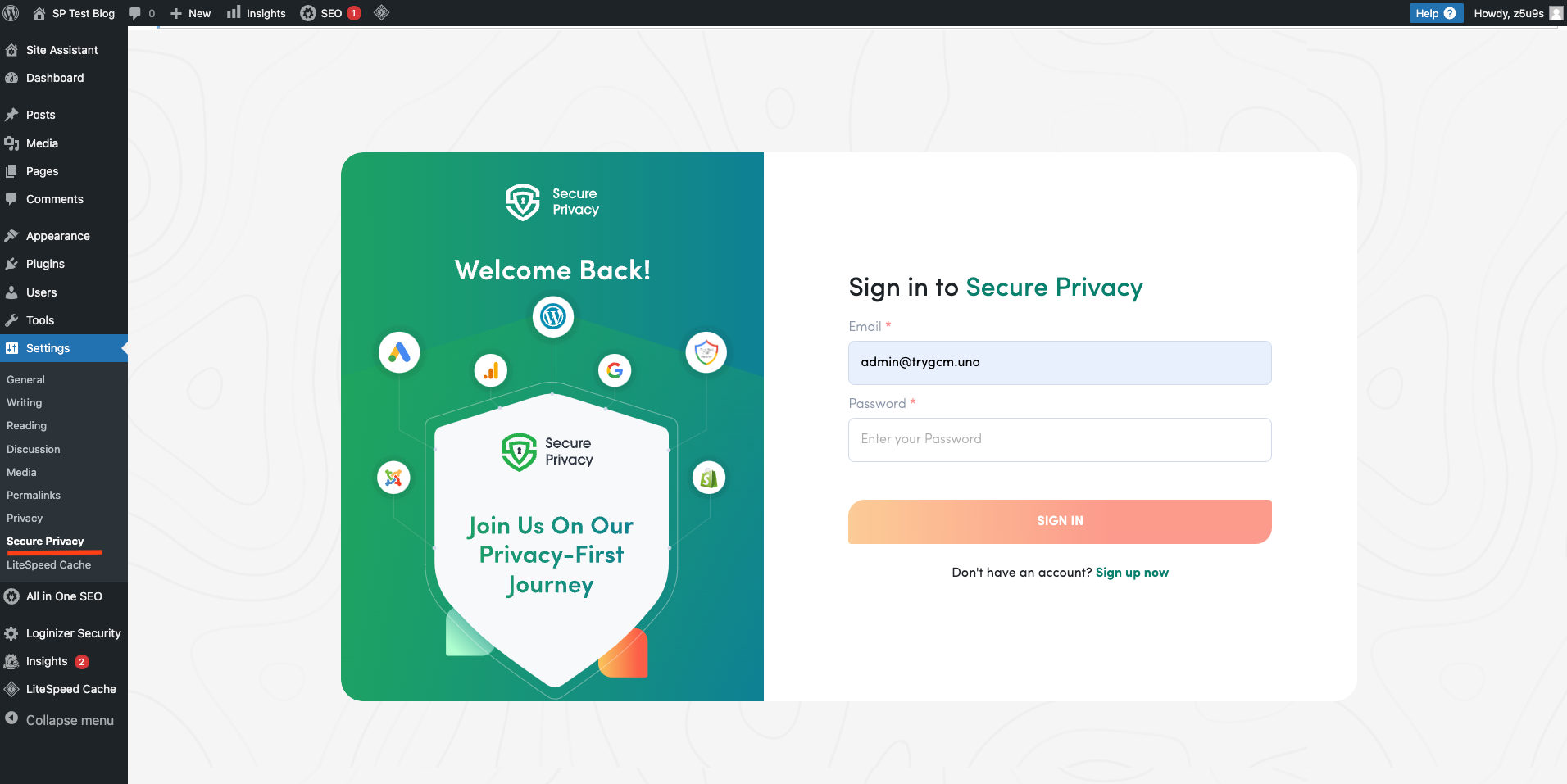 screenshot: WordPress admin dashboard showing Settings > Secure Privacy plugin