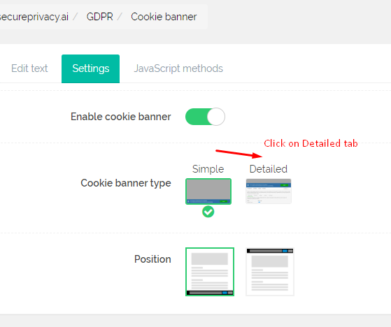 Secure Privacy Cookie Banner type setting showing Simple selected by default with Detailed option available to switch to