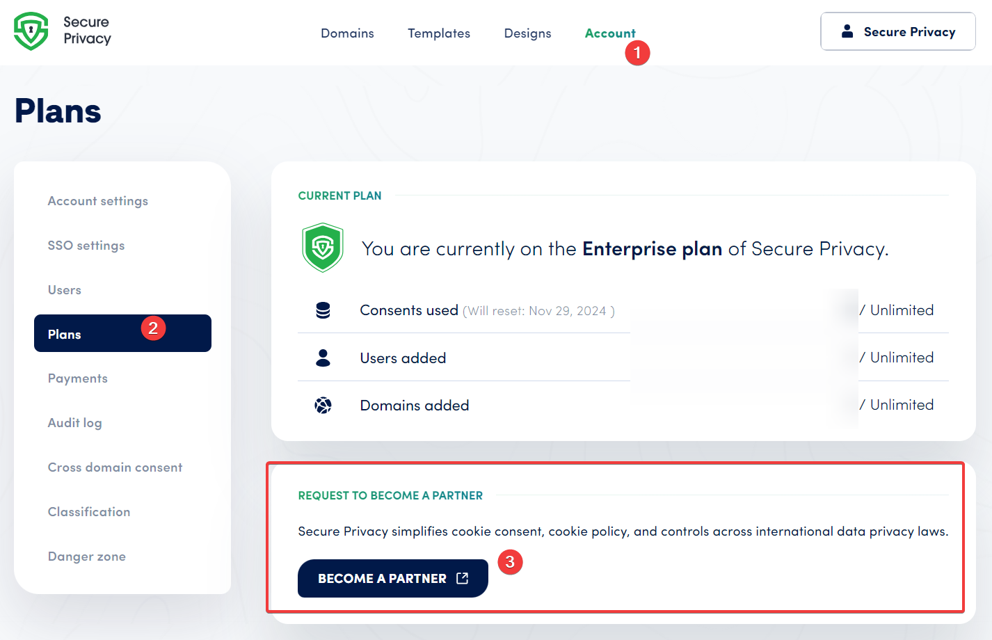 Secure Privacy account dashboard showing the Partner Program link