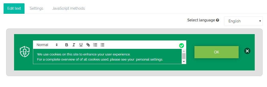 Secure Privacy cookie banner text editor showing formatting toolbar with font size, bold, italic, underline, and hyperlink options
