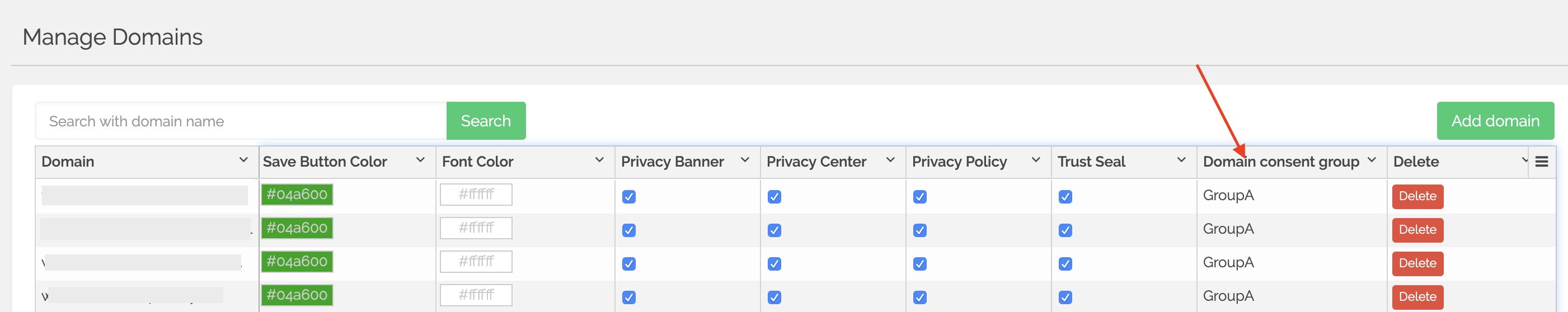 Secure Privacy All Domains Settings page showing the Domain Consent Group column with group labels assigned to multiple domains