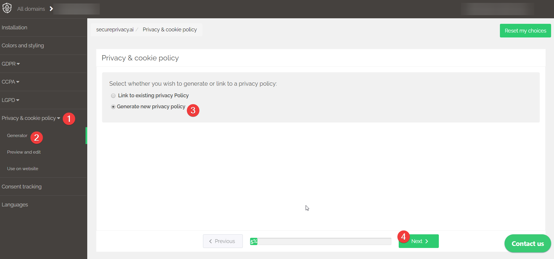 Secure Privacy Privacy and Cookie Policy generator showing questionnaire fields and Save all button to generate a personalized policy