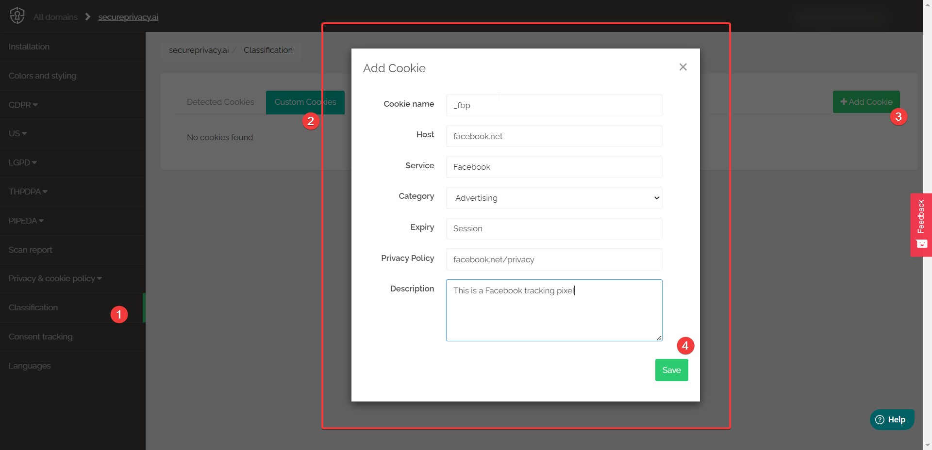 Secure Privacy Scan Report page showing Rescan Website button to apply custom cookie and service classification changes