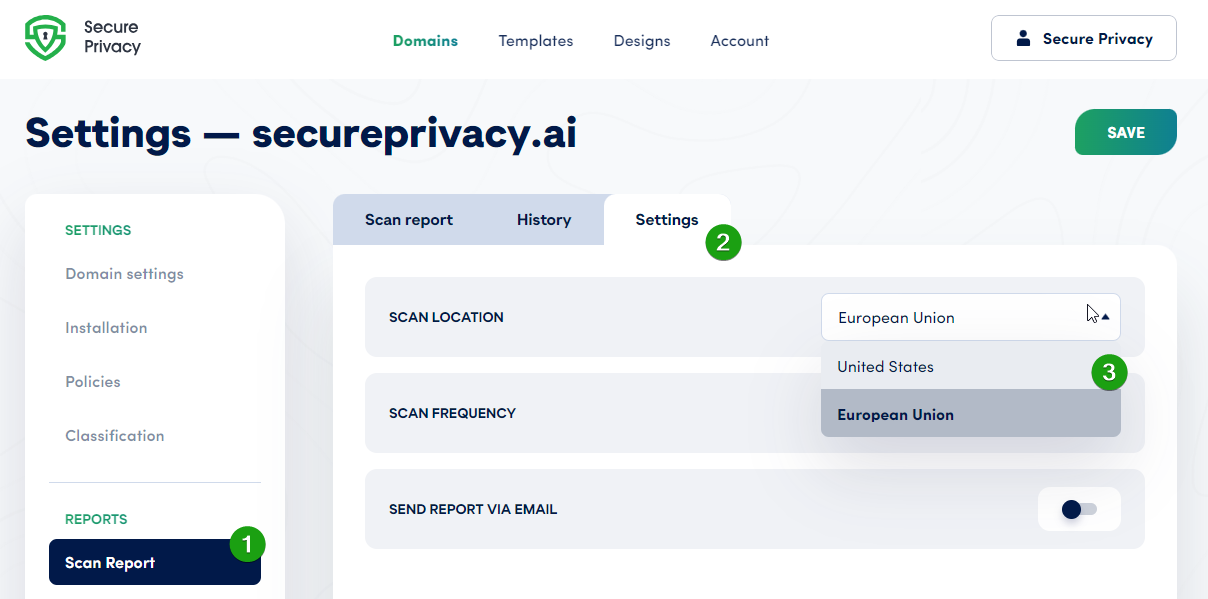 Secure Privacy Scan Report Settings tab showing the Scan Location dropdown with United States selected and Save button
