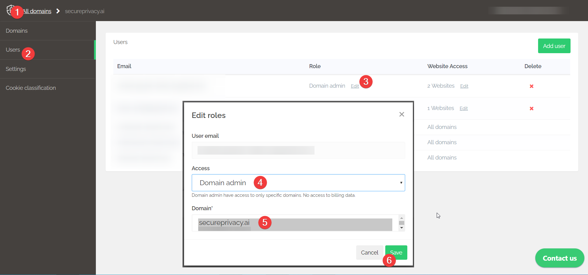 Secure Privacy Users page showing the Edit Role modal with Access dropdown for changing a team member's user role
