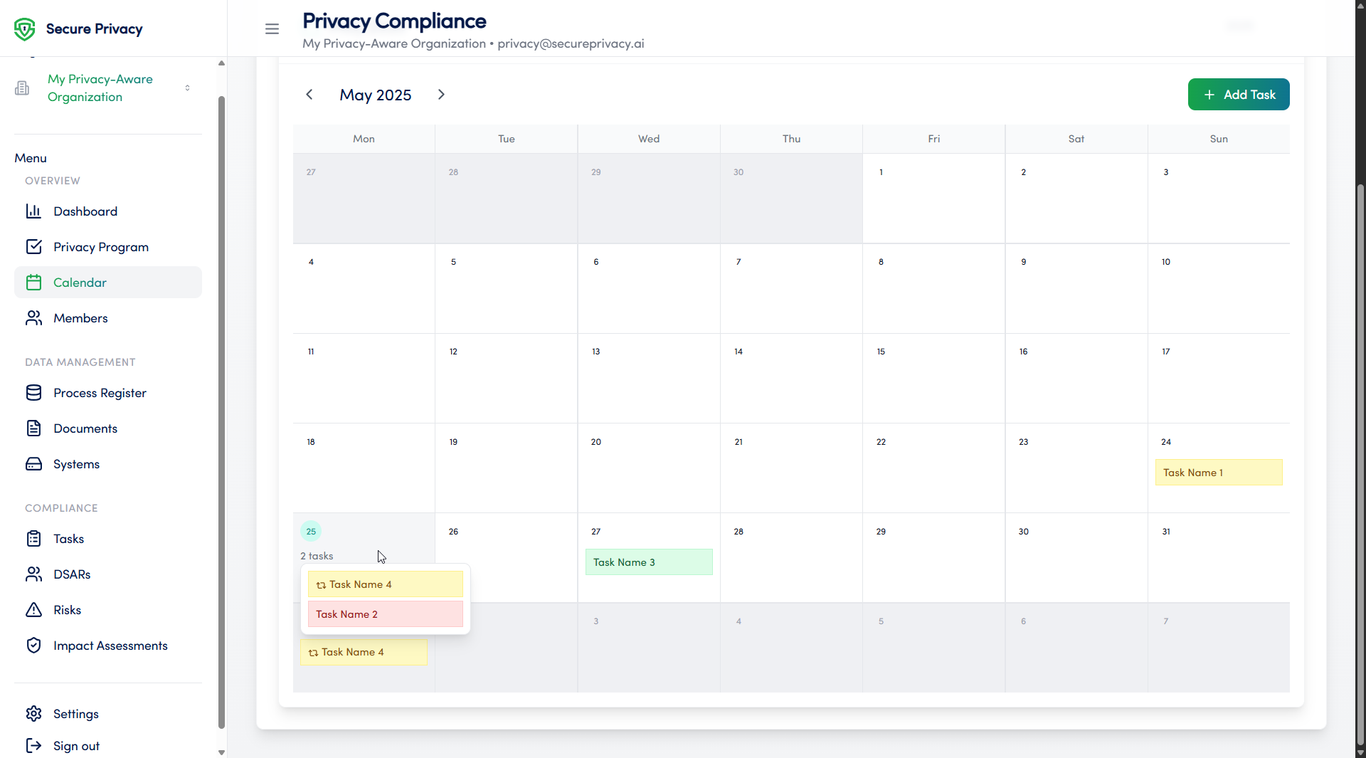 Secure Privacy Governance Solution Calendar module showing monthly compliance deadline and task view