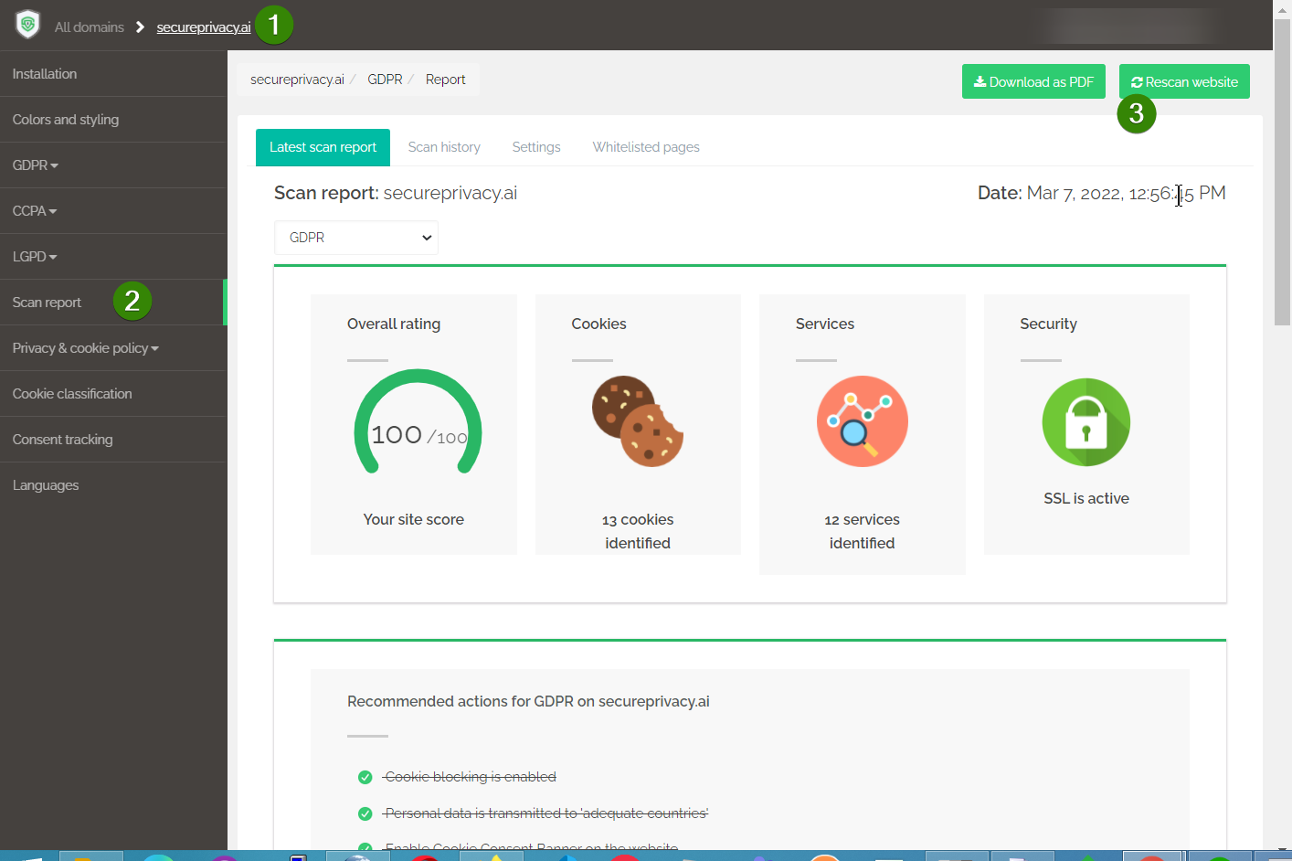 Secure Privacy Scan Report page showing the green Rescan Website button to trigger an updated cookie and service scan