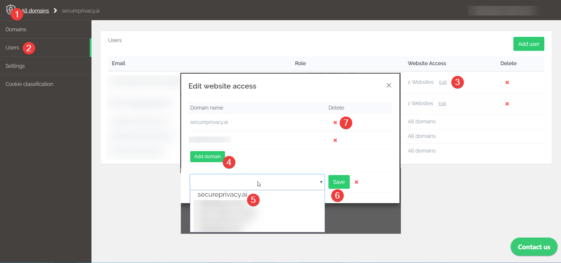 Secure Privacy Users page showing the Website Access edit modal with Add Domain button and domain assignment dropdown