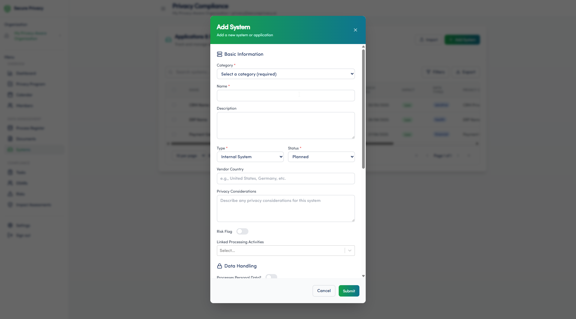 Secure Privacy Systems module form showing system owner, data categories, and data flow mapping fields