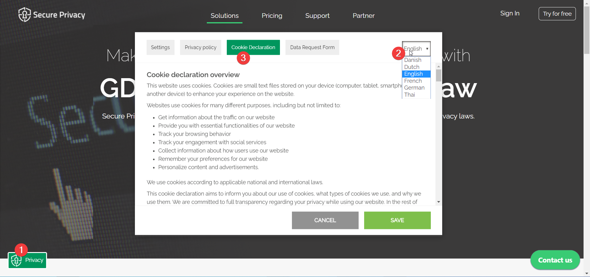 Privacy and Cookie Center modal pop-up displayed on a website showing Cookie Declaration tab and Language selector for visitors