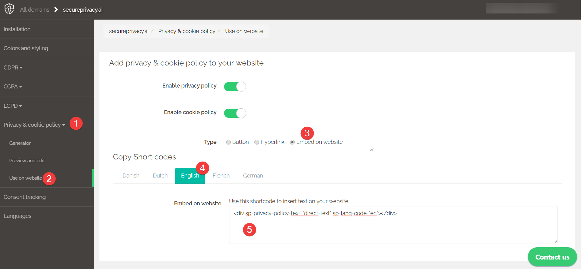 Secure Privacy embed options showing Embed on website type selected with language selector and full-page embed code