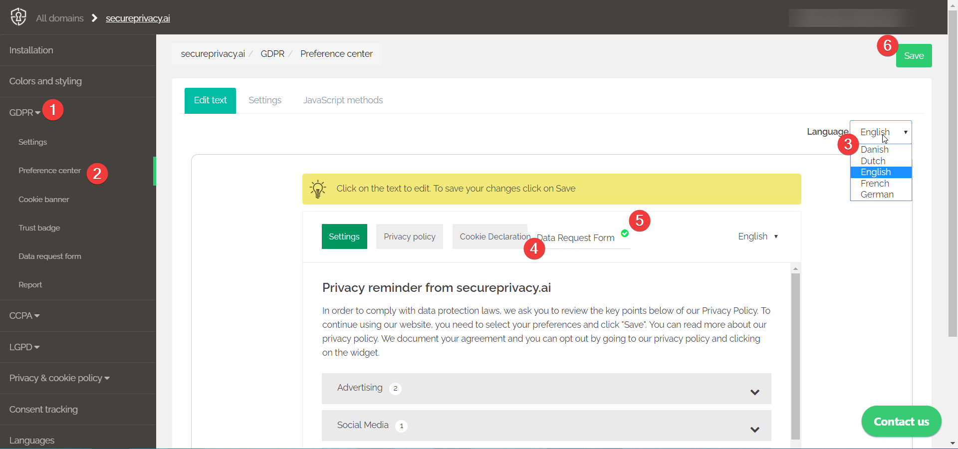Secure Privacy Preference Center Edit Text tab showing Data Request Form tab title field with language selector and green tick to apply changes