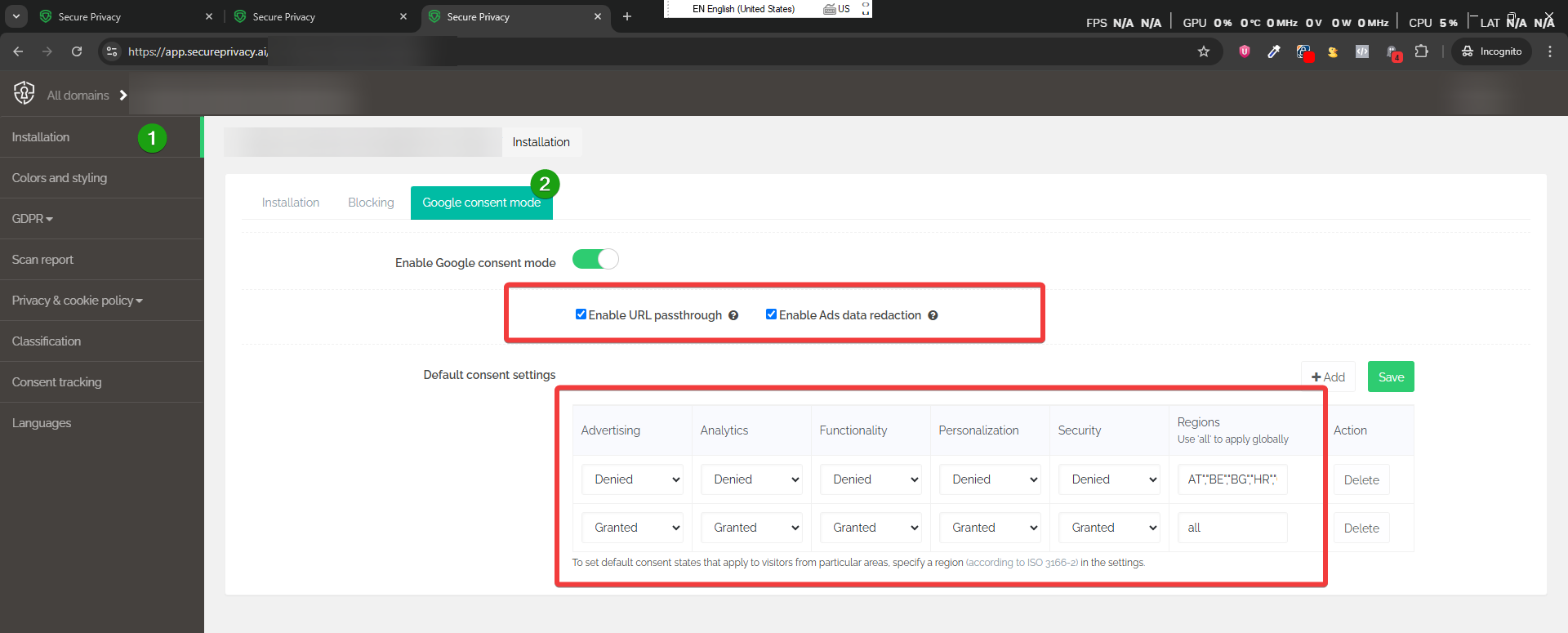 Secure Privacy Google Consent Mode settings tab showing GCM configuration options including Advanced mode toggle