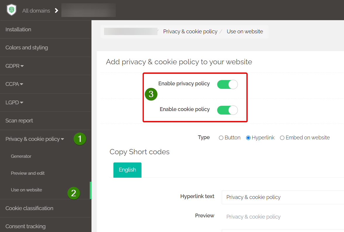 Secure Privacy account settings showing Privacy Policy enable option for displaying privacy policy on website