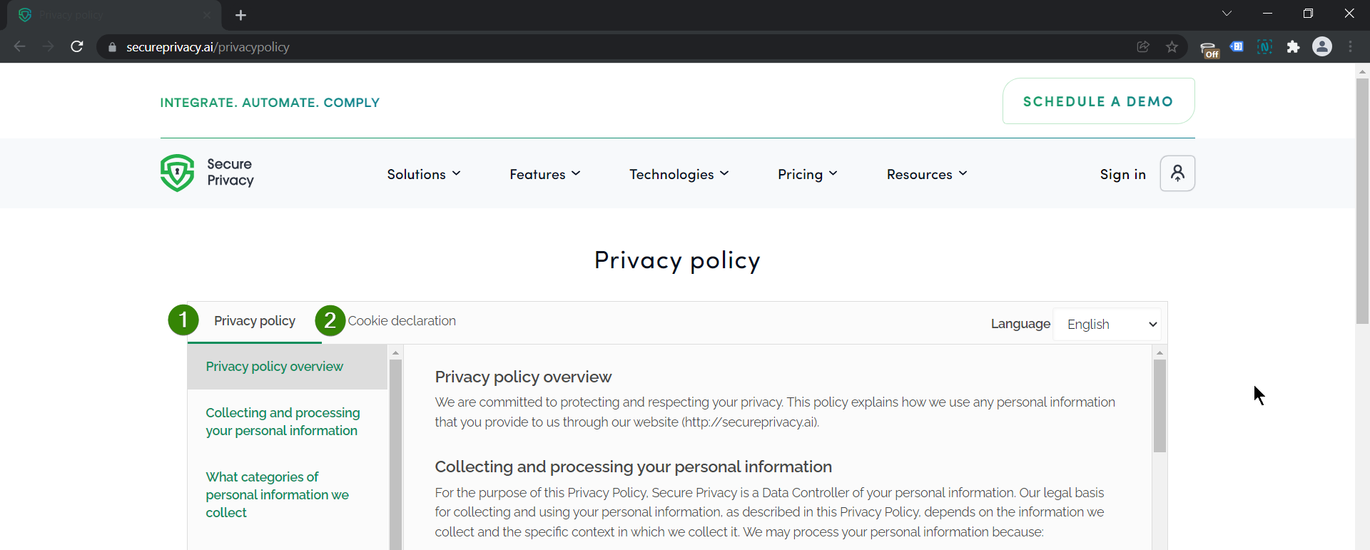 Secure Privacy settings showing Privacy Policy and Cookie Declaration enable options for website compliance