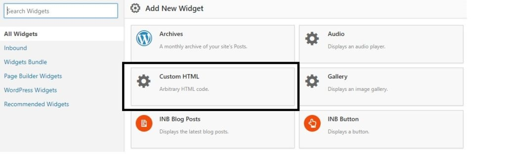 WordPress page builder showing a Custom HTML widget with the Secure Privacy privacy policy embed code added to the widget content area