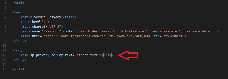 HTML editor showing the Secure Privacy privacy policy embed code pasted inside the body section of a webpage