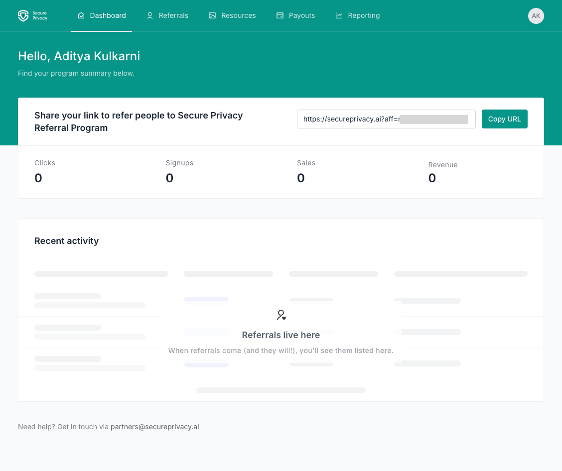 Partnero dashboard for the Secure Privacy Partner Program showing the affiliate code and Copy URL button
