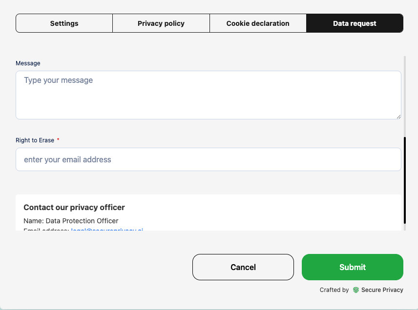Live DSAR data request form showing the Right to Erase field with email address input visible to website visitors