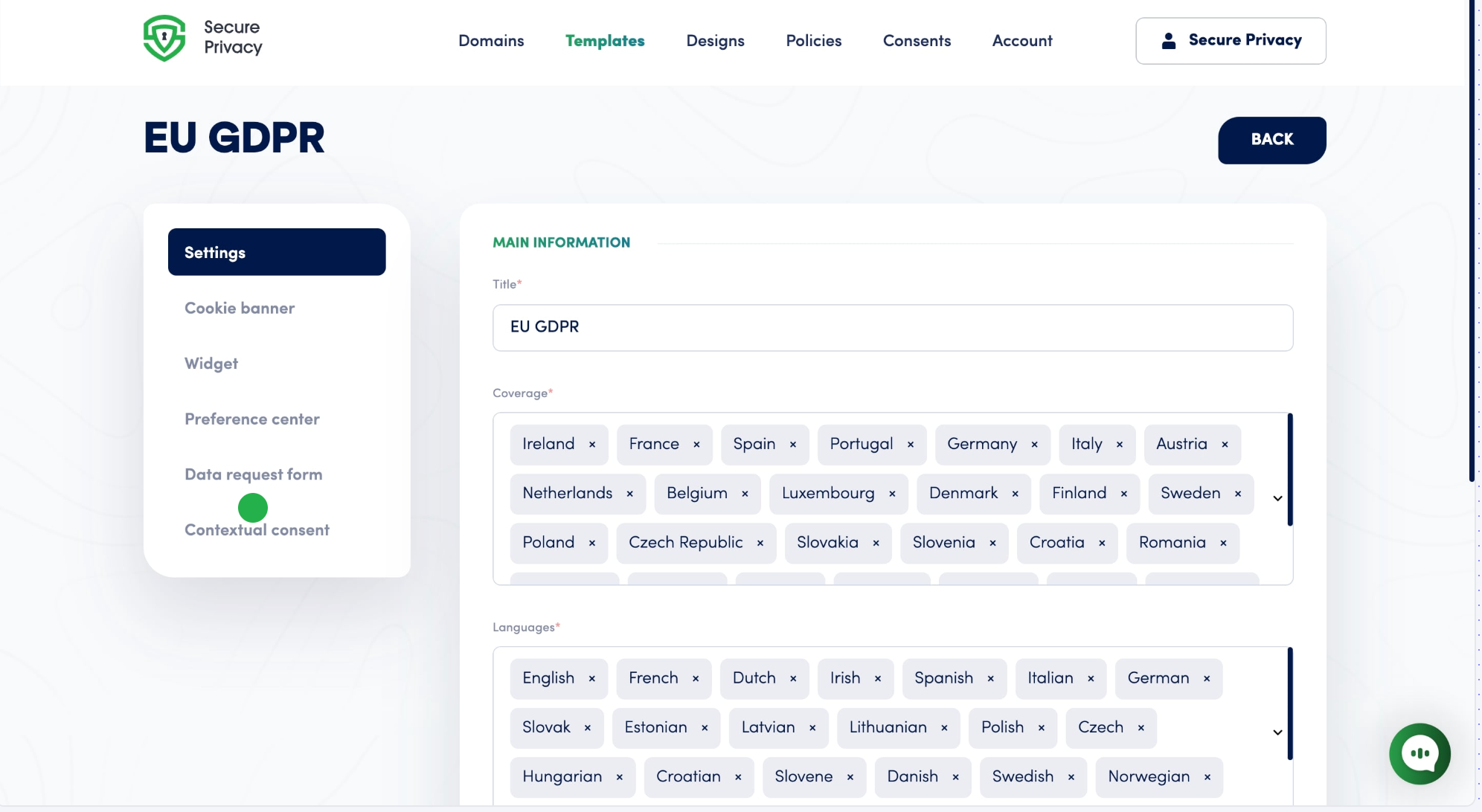 Secure Privacy template side panel showing Data Request Form option selected