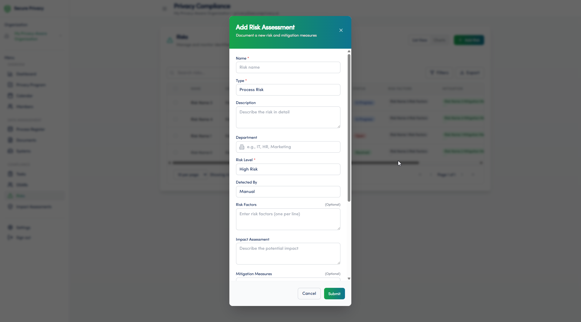 Secure Privacy Privacy Risk Management module showing risk assignment form with team member selection and mitigation details