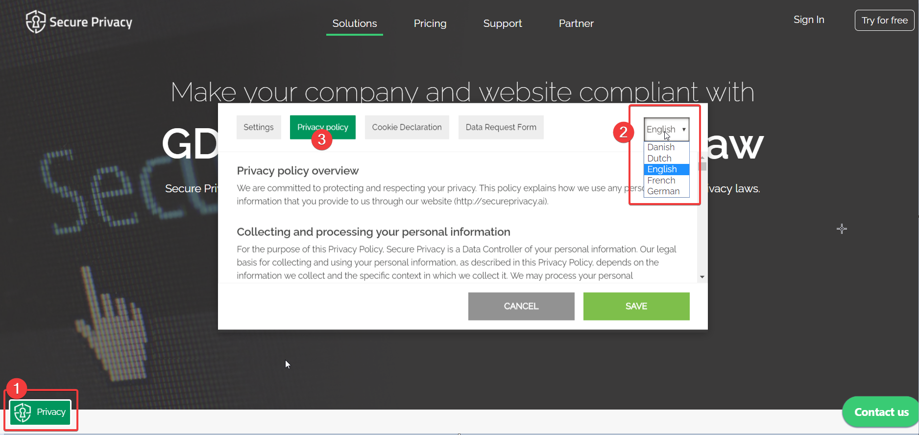 Privacy Center pop-up displayed on a website showing Privacy Policy tab and Language selector for visitors