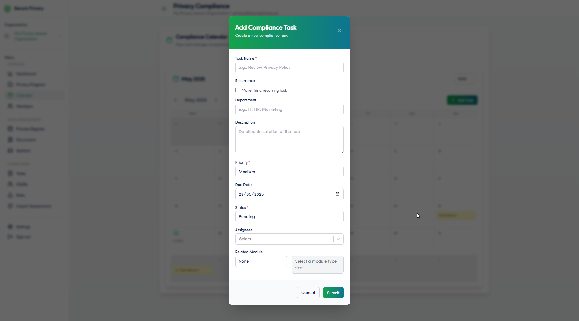 Secure Privacy Calendar module showing drag and drop task rescheduling and task creation interface