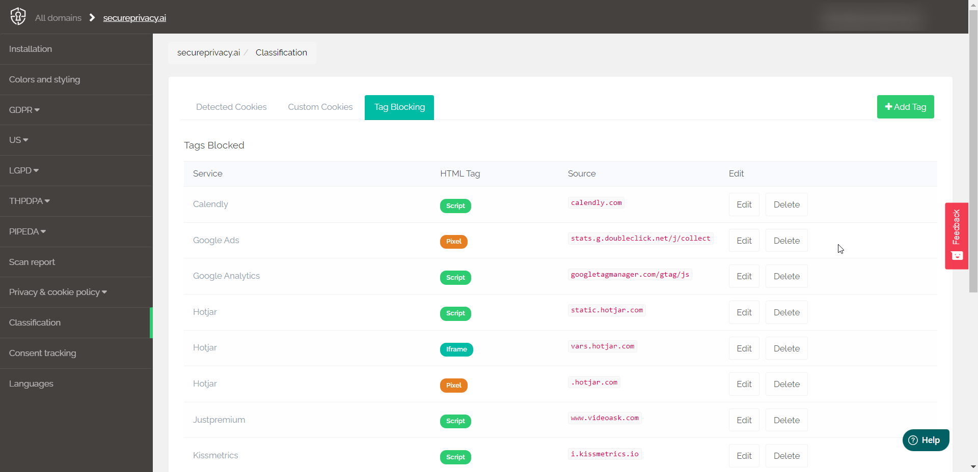 Secure Privacy Classification screen showing editable list of scripts, pixels, and iframes configured for blocking
