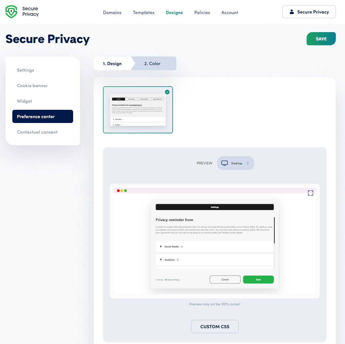Secure Privacy Custom CSS text area in the Cookie Banner design settings showing where to paste and save custom CSS code