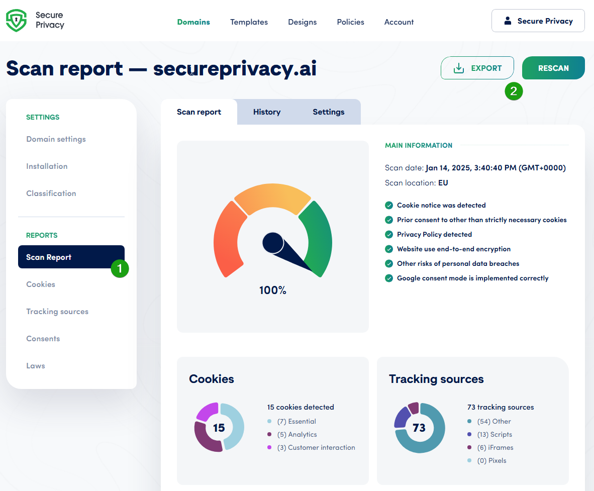 Secure Privacy Scan Report page showing the Rescan Website button to apply classification changes