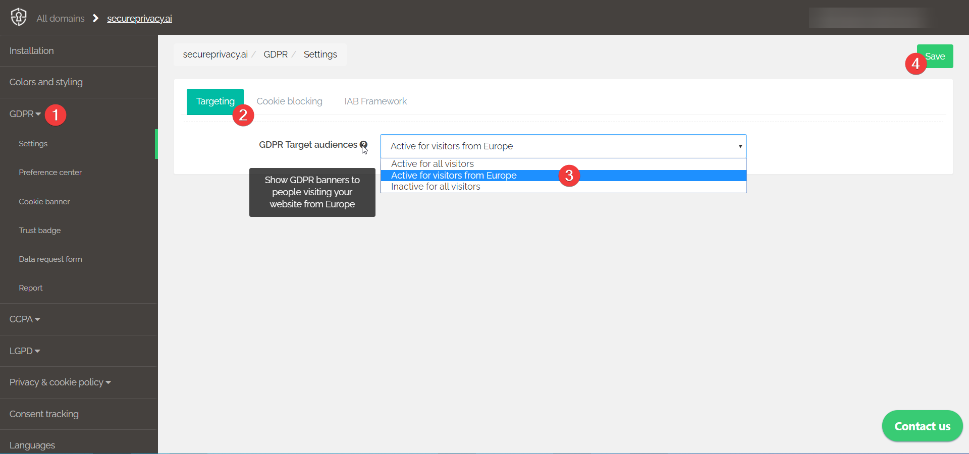 Secure Privacy GDPR Targeting settings showing Target Audience dropdown with Active for visitors from Europe option selected