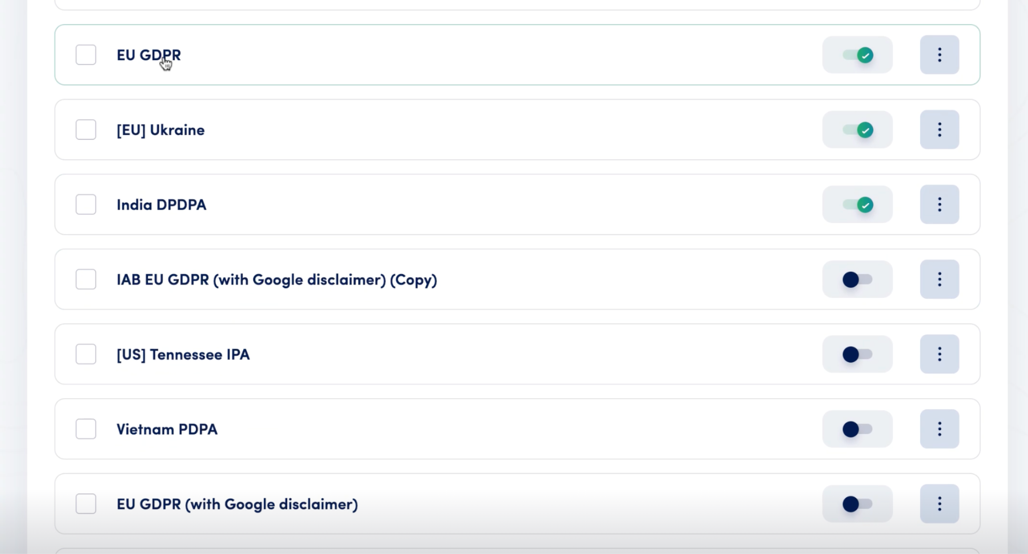 Secure Privacy Templates tab showing list of privacy templates with region settings and side panel configuration