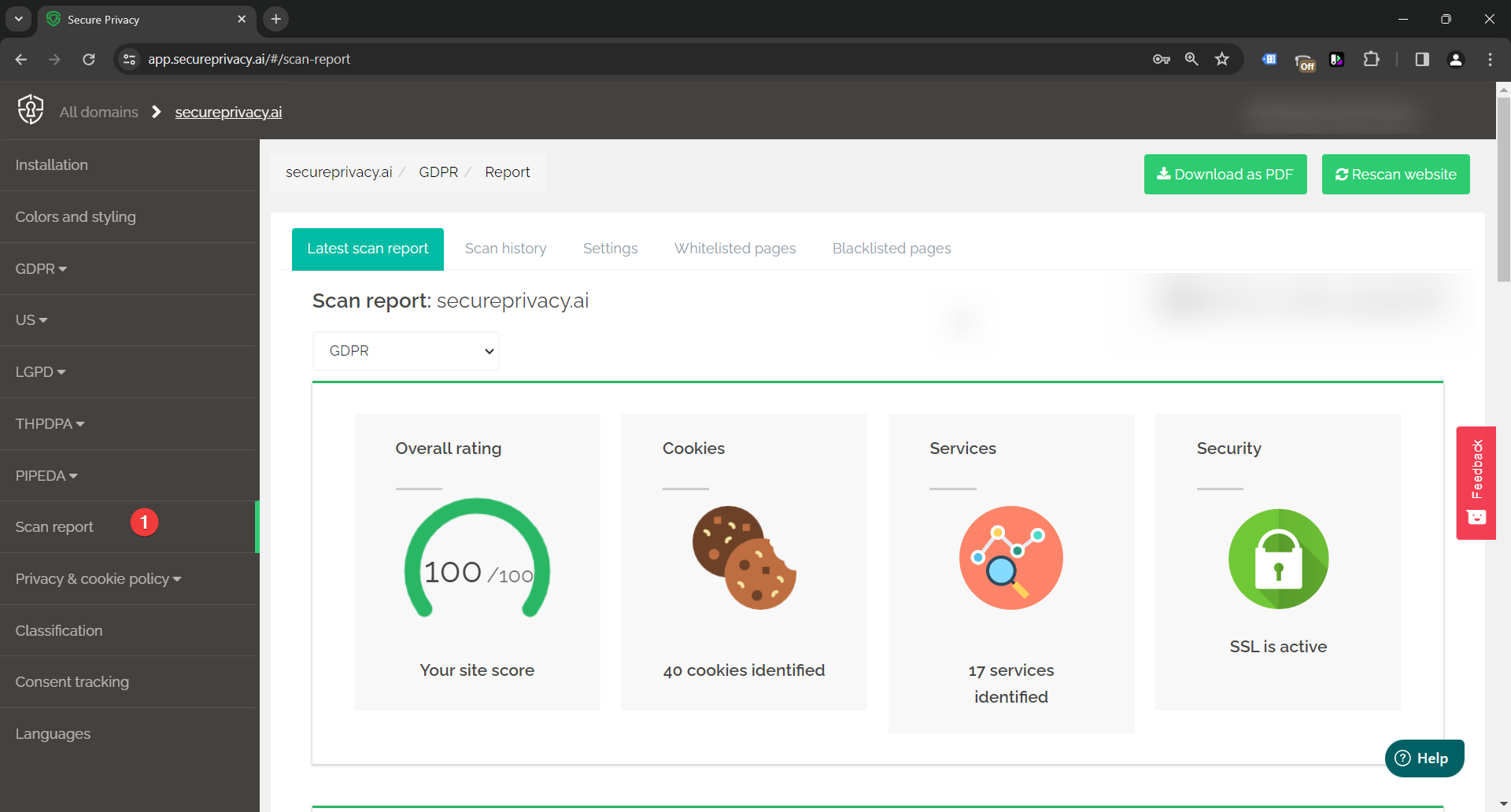 Secure Privacy Scan Report showing detected cookies and third-party services with classification and blocking status