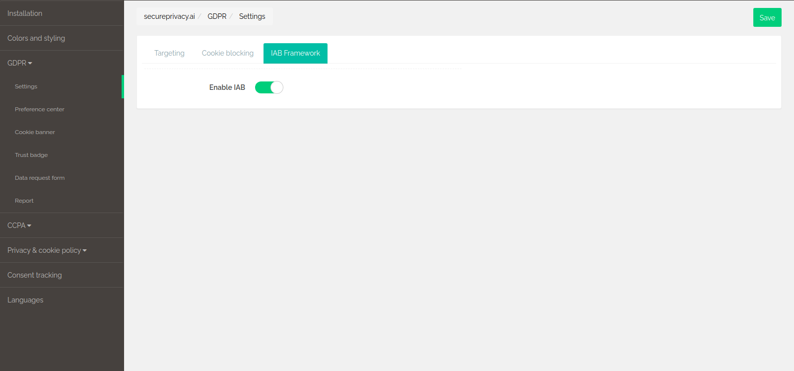 Secure Privacy dashboard showing the Enable IAB TCF 2.0 toggle switch