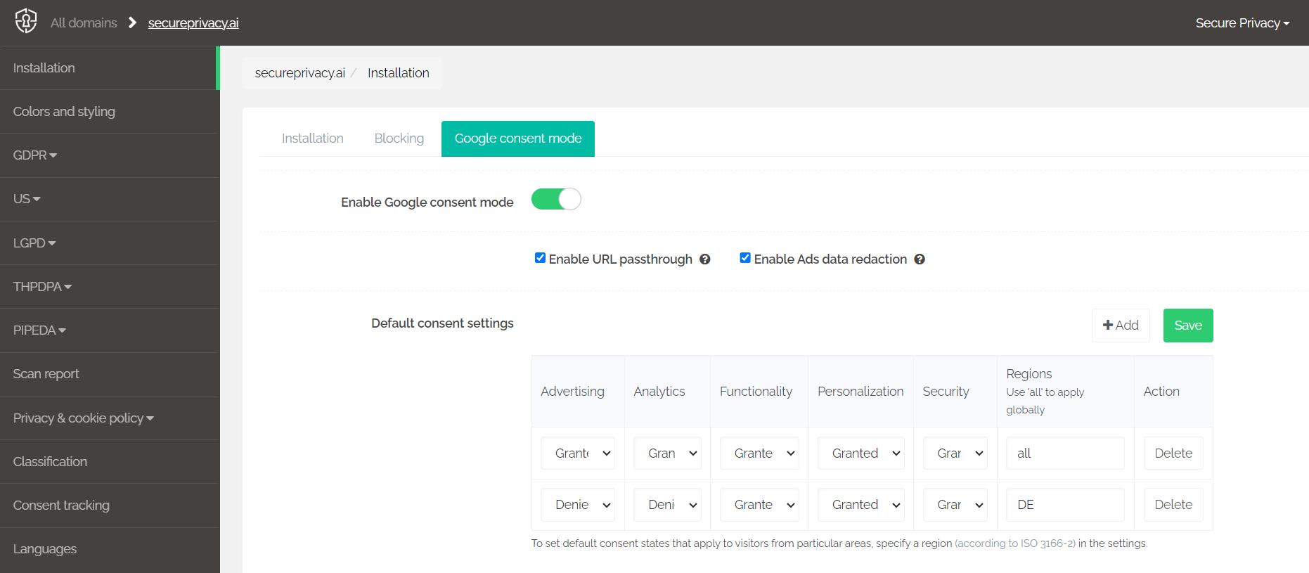 Secure Privacy Installation settings showing Enable Google Consent Mode toggle switch being activated