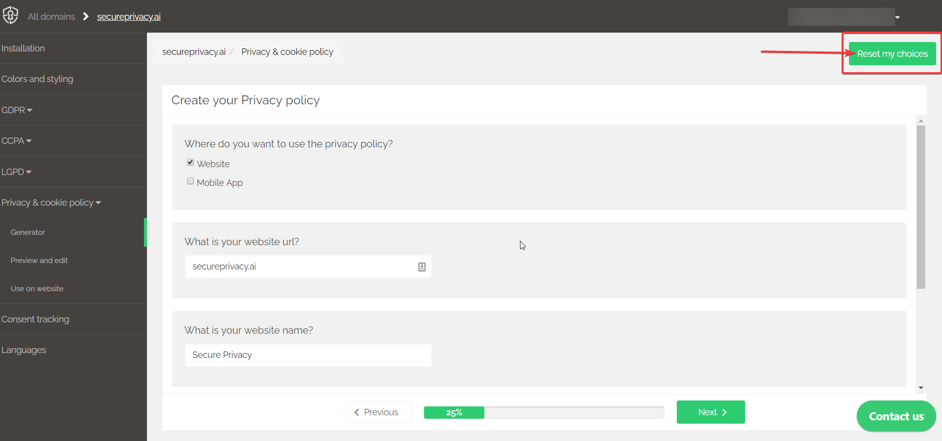 Secure Privacy Generator section showing Reset my choices button to revert Privacy and Cookie Policy settings to defaults