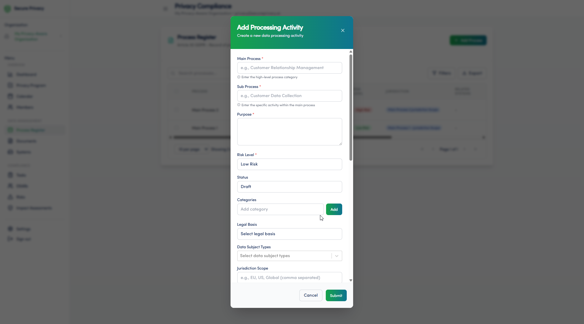 Secure Privacy Process Register module Add Process form showing fields for process name, purpose, data categories, retention period, and technical measures