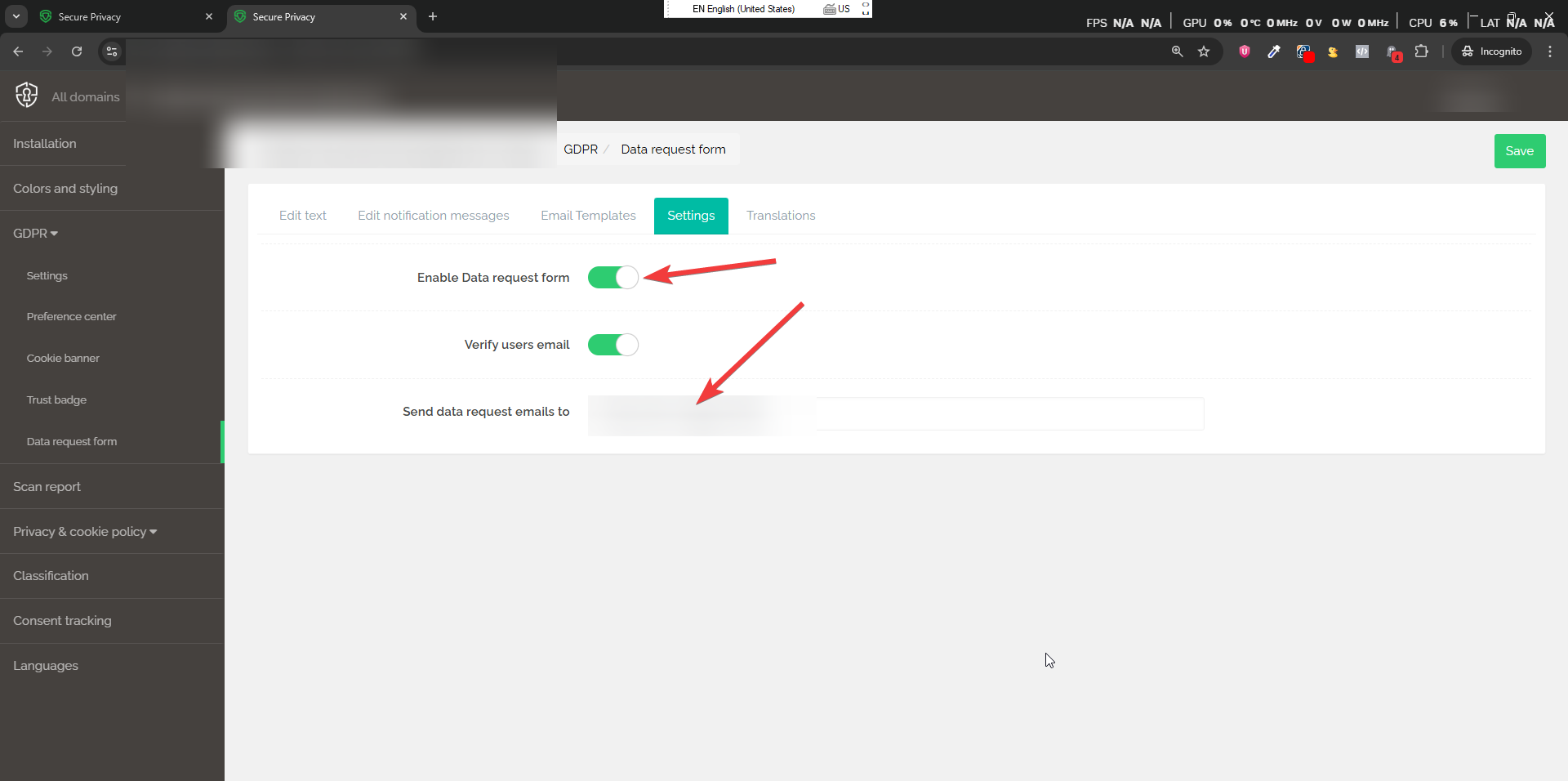 Secure Privacy DSAR form settings showing the Send data request emails to field for configuring notification recipients