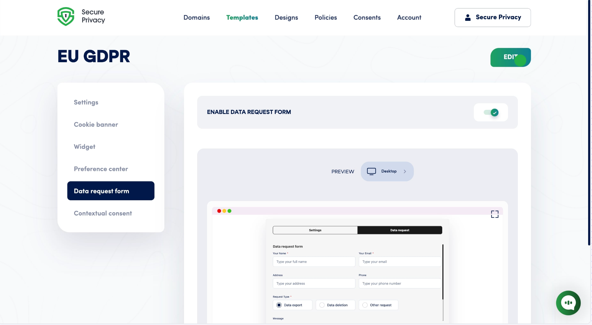 Secure Privacy DSAR form editor showing Enable data request form toggle and Text tab selected