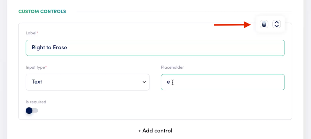 Secure Privacy DSAR form editor showing Add control button and available custom control types