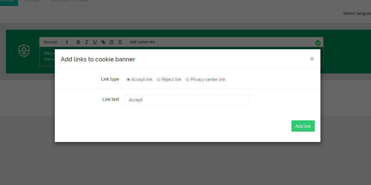 Secure Privacy Add Custom Link popup showing link text and URL input fields
