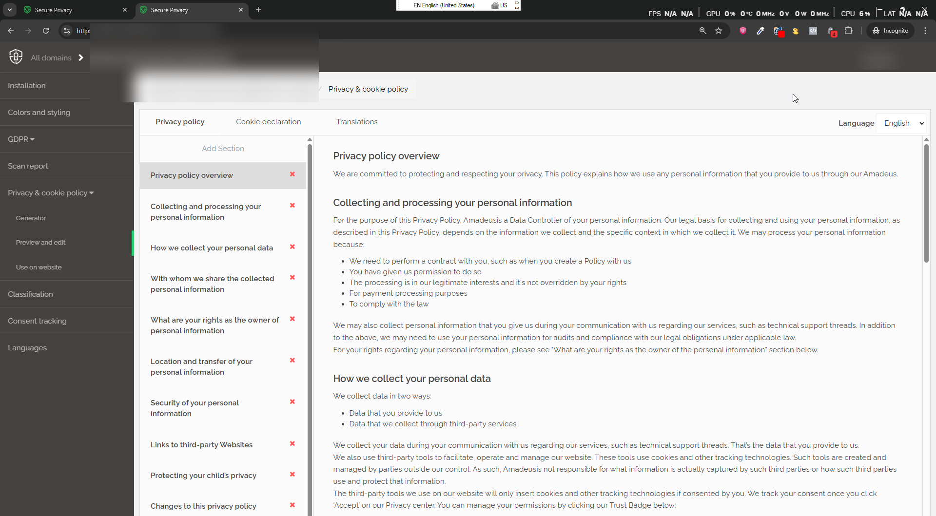 Secure Privacy Privacy and Cookie Policy settings page showing policy generator and Use on Website options