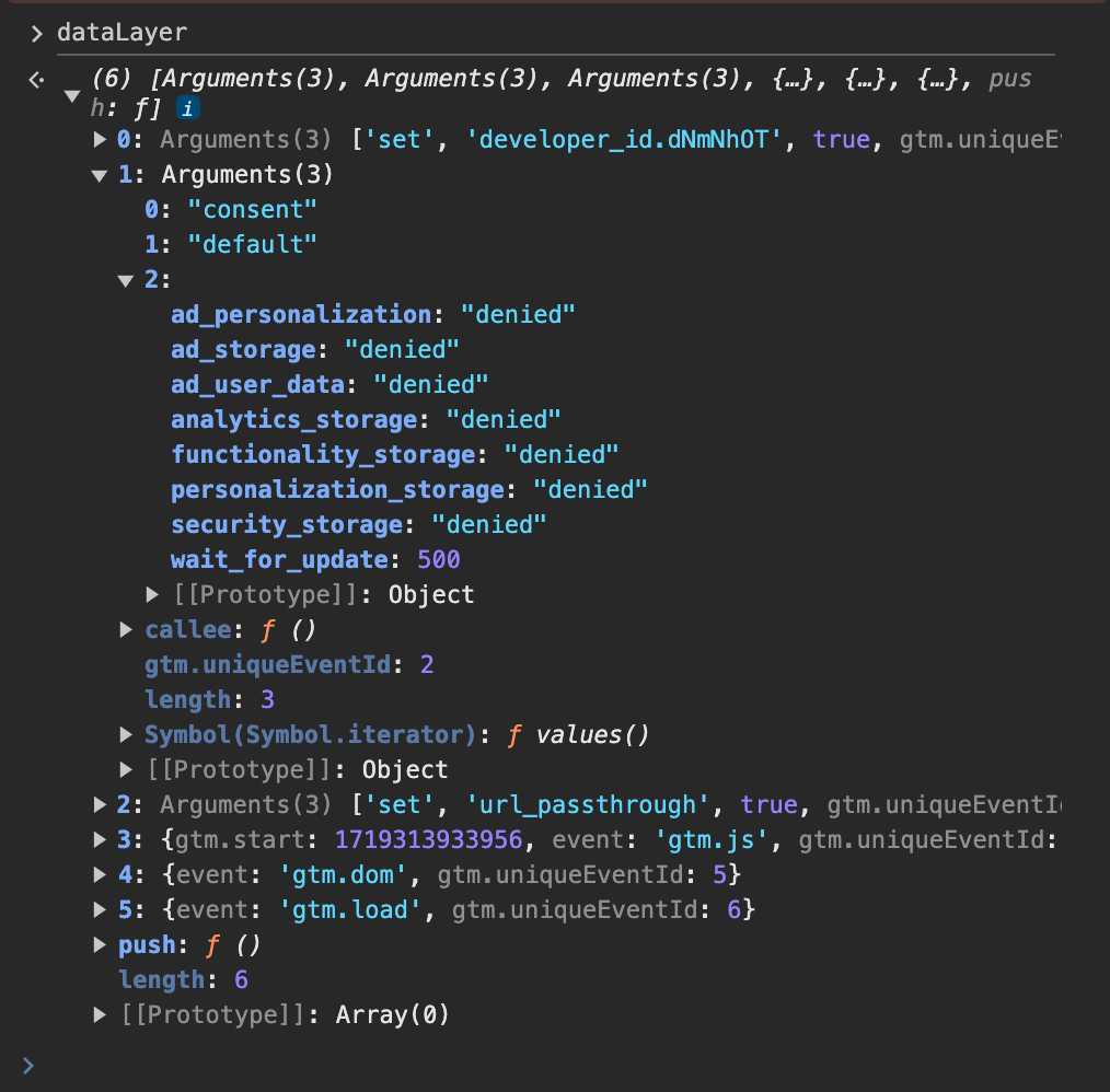 code snippet: dataLayer object with consent status and developer ID