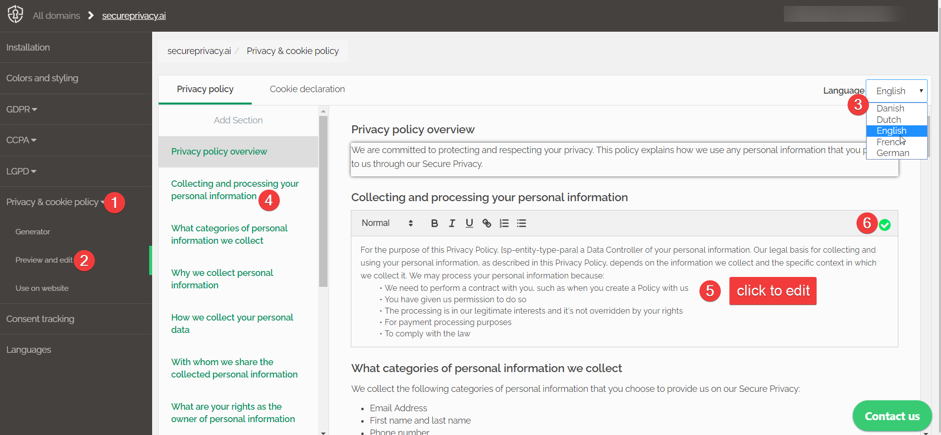 Secure Privacy Preview and edit section showing a privacy policy text field in edit mode with green tick button to save changes