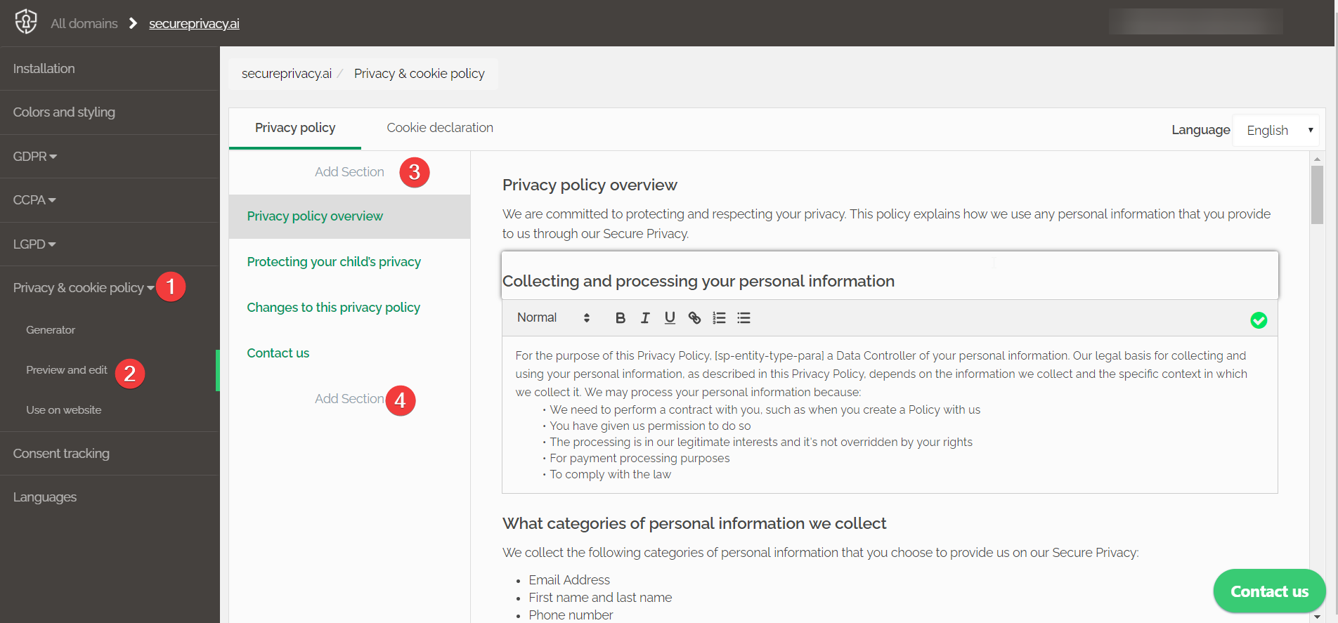 Secure Privacy Preview and edit section showing Add Section button at top and bottom of privacy policy editor